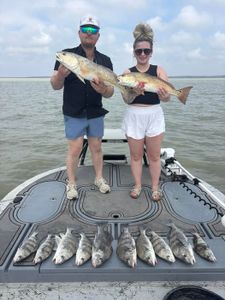 Successful fishing trip in Corpus Christi TX showing caught redfish and black drum on boat deck