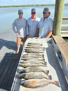 Successful fishing trip displaying redfish and speckled trout catch on cleaning station in Corpus Christi TX