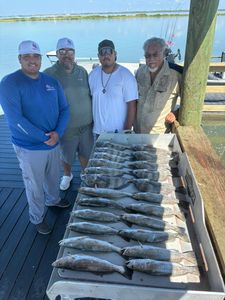 Successful speckled trout fishing trip display on dock in Corpus Christi TX with large catch