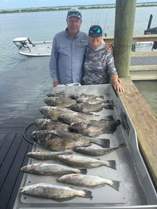 Successful fishing trip in Corpus Christi TX showing speckled trout and black drum catch on cleaning station at marina dock