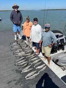 Successful fishing trip displaying multiple caught fish on dock in Corpus Christi TX