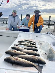 A successful fishing trip on the water, with a diverse catch and an atmosphere of camaraderie and shared enjoyment among the three individuals.