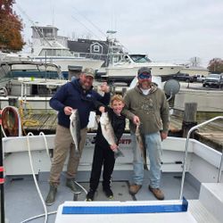 Successful striped bass fishing trip in Baltimore MD with three caught fish displayed on boat deck