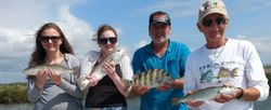 Varied fresh catches from a happy fishing group.