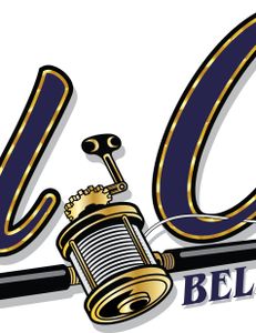 Sleek gold fishing reel logo.