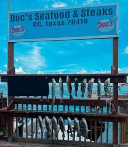 Fresh caught black drum and speckled trout hanging on fishing dock display in Corpus Christi TX