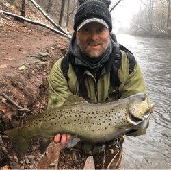Angler holding a large rainbow trout in New Hartford