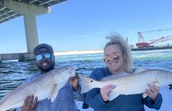 Two redfish caught while fishing in Orange Beach AL under bridge with construction crane visible