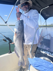 Nice channel catfish using deep sea jigging techniques. Clear conditions made for great fishing!
