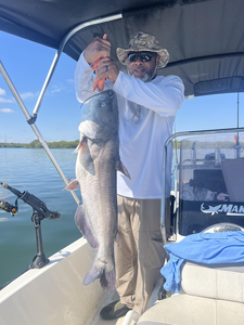Nice channel catfish using deep sea jigging techniques. Clear conditions made for great fishing!