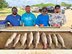 Nine fish caught in Elmendorf TX including white catfish and redfish displayed on cleaning table