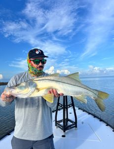 A fisherman holding a large snook in Naples, Florida