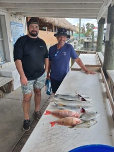 Fresh caught lane snapper and mixed fish species displayed on cleaning table after Port Orange FL fishing charter
