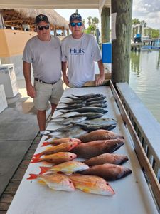 Fishing charter catch display showing lane snapper and grey snapper at Port Orange FL marina dock
