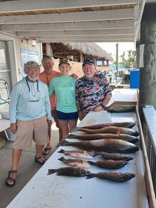 Fishing charter catch display with grey snapper and redfish on cleaning table in Port Orange FL