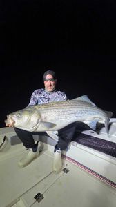 Large striped bass caught fishing in Milford CT displayed on boat deck at night