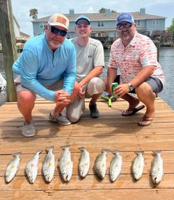 Nine fish laid out on wooden dock after successful fishing trip in Corpus Christi TX including redfish and speckled trout