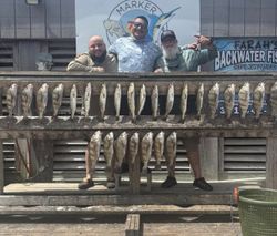 Large fishing catch displayed on wooden dock in Corpus Christi TX with multiple fish species