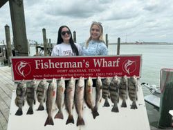 Corpus Christi fishing trip with 12 redfish, black drum, and bluefish catches