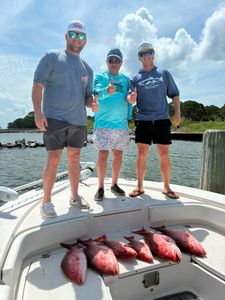 Red snapper fishing trip in Gulf Shores AL with five fish displayed on boat deck