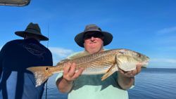Angler holds a large redfish caught while fishing in FL