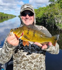 A lone angler reeling in a 17-inch catch in FL