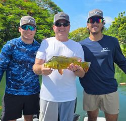 Three anglers displaying a caught peacock bass during a fishing tour in Fort Lauderdale FL