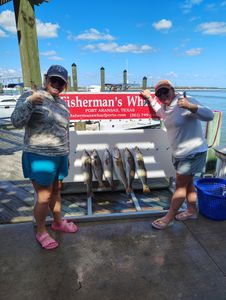 Five redfish displayed on cleaning station at Fisherman's Wharf in Rockport TX