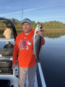 Nice speckled trout on light tackle! Clear skies made for perfect fishing conditions.