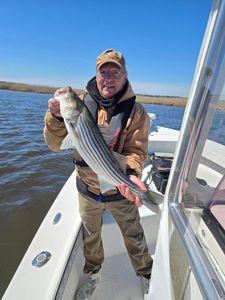 Proud angler with a fresh striped bass catch!