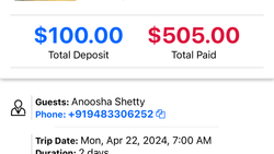 Booking summary showing $100 deposit and $505 total paid for Florida City FL tour
