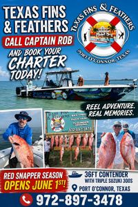 Red snapper fishing charter advertisement showing caught red snapper fish from Port O'Connor Texas waters