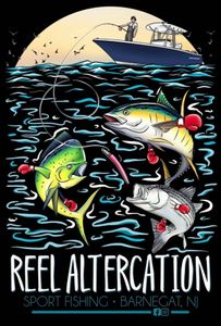Sport fishing illustration showing multiple fish species underwater with fishing boat above in Barnegat Light NJ