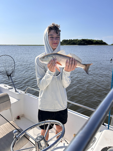 Reeling in a redfish while deep sea trolling off Wilmington's coast!