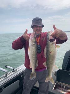 Angler holding two large walleye fish in Vermilion