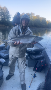 Nice Chinook salmon caught using jigging and trolling techniques in clearing weather conditions.