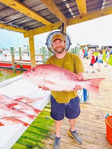 Large red snapper fish displayed on wooden dock at Gulf Shores AL marina