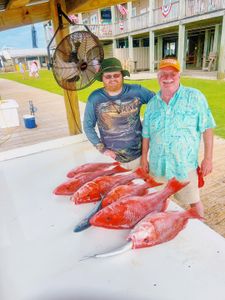 Fresh caught red snapper displayed on cleaning table at Gulf Shores AL fishing dock