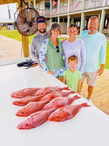 Fresh red snapper catch displayed on cleaning table at Gulf Shores AL fishing dock