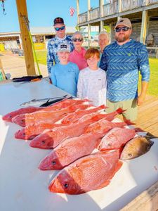 Fresh caught red snapper and Spanish mackerel displayed on fishing dock in Gulf Shores AL