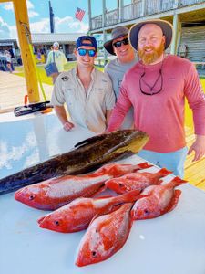 Fresh caught red snapper and other fish displayed on cleaning table at Gulf Shores AL fishing dock