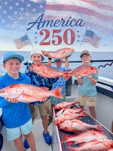 Red snapper fishing catch on boat in Gulf Shores Alabama with multiple fish displayed