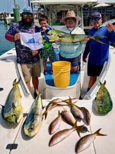 Seven large greater amberjack and pollock fish caught fishing in Key West
