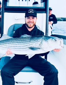 Striped bass caught by two people in Bourne