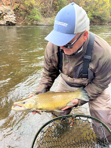 Nice Atlantic salmon using fly fishing technique on a partly cloudy day.
