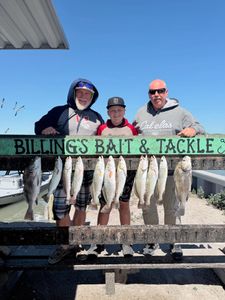 Successful fishing trip in Corpus Christi TX showing Black Drum and Speckled Trout catch displayed at marina cleaning station