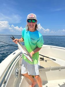 A fisherman holds a Cobia fish measuring 10 inches in Kitty Hawk.