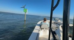 Fishing boat approaching navigation marker in Chesapeake FL waters with seabird perched on top