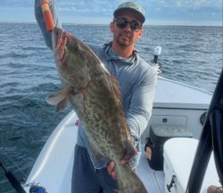 A fisherman holding a gag grouper in Destin, Florida