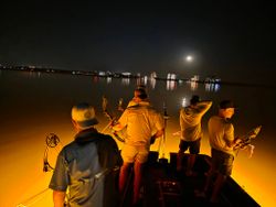 Night fishing scene in Orange Beach AL with anglers on boat under moonlight with city lights reflecting on water